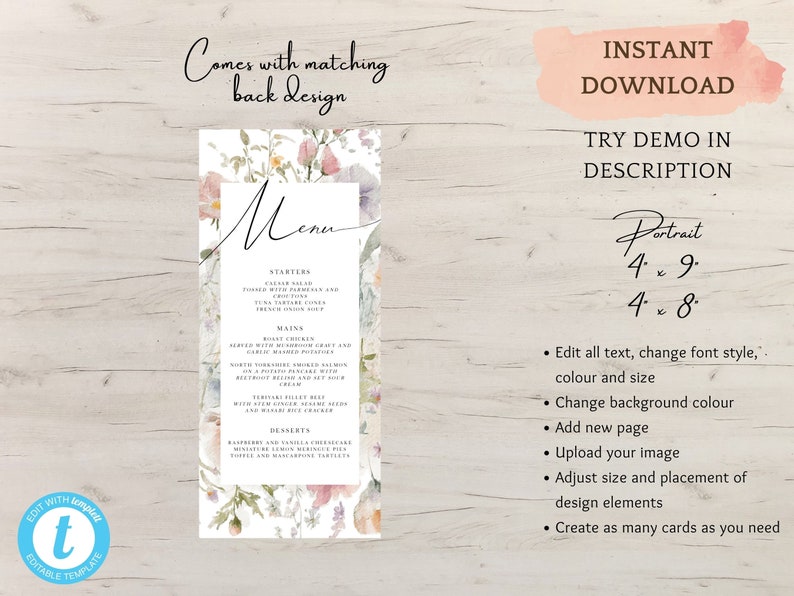 BLOOM Menu Template Wildflowers Wedding Menu Floral Bridal Shower Menu