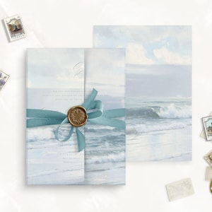Papel de pergamino precortado Seashore, pergamino personalizado, sobres de pergamino para bodas, papelería para bodas, diseño de pergamino, papel de pergamino impreso, pergamino impreso