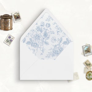 French Blue Toile Printable Envelope Liner, A7, Euro Flap, Square Flap, 6.5 Square, A6, 5.75 Square, 4 Bar, A2 for 5x7 Invitation Card image 1