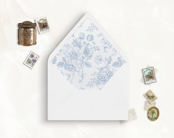 French Blue Toile Printable Envelope Liner, A7, Euro Flap, Square Flap, 6.5 Square, A6, 5.75 Square, 4 Bar, A2 for 5x7 Invitation Card