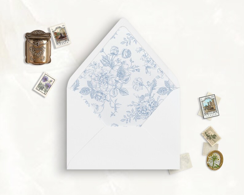 French Blue Toile Printable Envelope Liner, A7, Euro Flap, Square Flap, 6.5 Square, A6, 5.75 Square, 4 Bar, A2 for 5x7 Invitation Card image 1