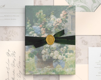 Può includere: Un set di partecipazioni di nozze con una carta centrale decorata da un dipinto floreale, legata con un nastro di velluto verde scuro e un sigillo in ceralacca dorato. Il set include una carta RSVP, una busta color crema e una busta indirizzata.