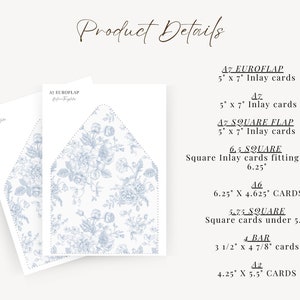 French Blue Toile Printable Envelope Liner, A7, Euro Flap, Square Flap, 6.5 Square, A6, 5.75 Square, 4 Bar, A2 for 5x7 Invitation Card image 4