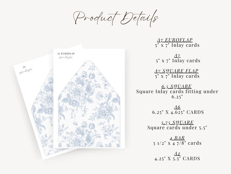 French Blue Toile Printable Envelope Liner, A7, Euro Flap, Square Flap, 6.5 Square, A6, 5.75 Square, 4 Bar, A2 for 5x7 Invitation Card image 4