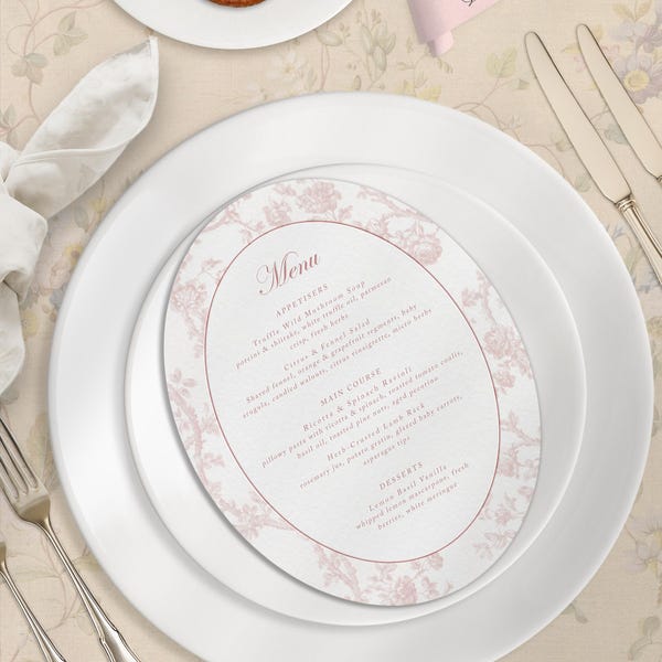 Letterpress Menu, Letterpress invite, Oval menu, Wedding menu, Custom card, Table menu, Wedding decor, Peony pink toile