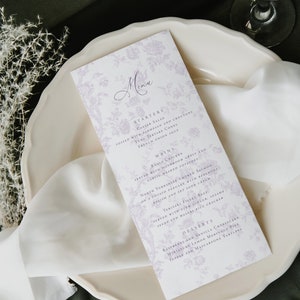 Plantilla de menú de Toile Lila para imprimir, menú de boda, menú de fiesta en el jardín, menú de despedida de soltera, menú de almuerzo, menú de baby shower, menú de cafetería