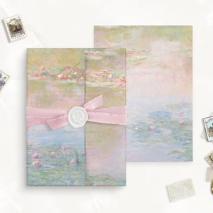 Copertina in pergamena pretagliata con le ninfee di Monet per matrimonio, matrimonio in carta pergamena, invito in carta pergamena, sovrapposizione per matrimonio, carta pergamena, involucro in pergamena