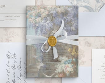 May include: A wedding invitation suite featuring a central card with a floral garden illustration, tied with a white ribbon and a gold wax seal. The set includes matching envelopes, an RSVP card, and a response envelope with elegant script text.