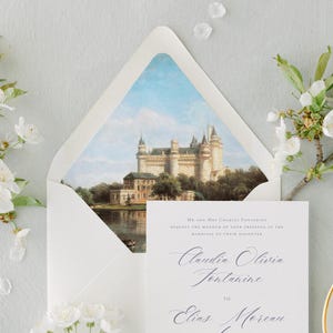 Chateau bruiloft voering, Frans kasteel bedrukte voering, luxe huwelijksuitnodiging, koninklijke envelop voering, historische uitnodigingskaart voor a2 a6 a7