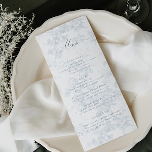 Modelo de menu de toile de rosas azuis francesas para impressão, menu de festa no jardim, menu de chá de panela, menu de almoço, menu de chá de bebê, menu de café