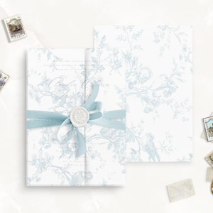 Pre-cut French Blue Rose Toile Vellum Wrap, vellum jackets, floral vellum, botanical vellum, custom vellum, wedding stationary, print vellum
