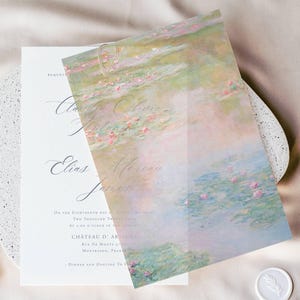 Monet Wasserlilien Pergamin Overlay für Hochzeitseinladungskarte, 5x7 Pergament, Vintage Hochzeitspapeterie, Pergamentjacke