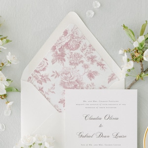 Französische Rosa Botanische Toile Umschlag Liner, bedruckte Umschlag Liner, Pre-cut Umschlag Liner, Hochzeitseinladung Liner