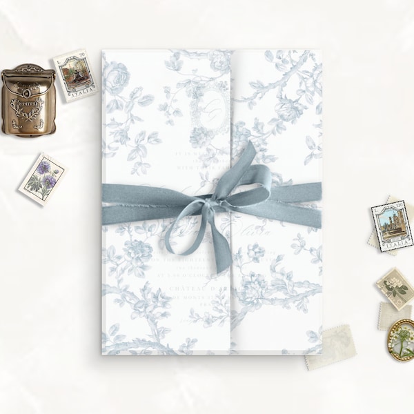 Printable Vellum Wrap for wedding invitation card, fine art vellum, vintage french wedding stationery, french blue toile, vellum jacket