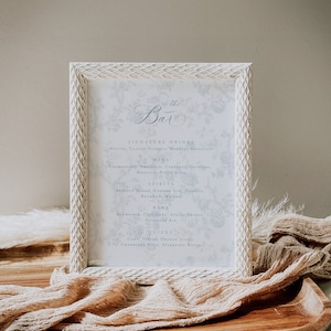 Modelo de menu de bebidas French Blue Toile para impressão, menu de coquetéis, menu de bebidas alcoólicas, menu de casamento, menu de chá de panela, menu de chá de bebê