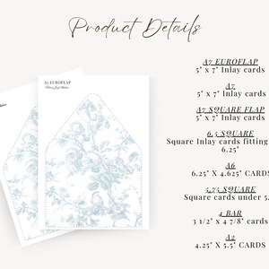 French Blue Rose Toile Printable Envelope Liner, A7, Euro Flap, Square Flap, 6.5 Square, A6, 5.75 Square, 4 Bar, A2 for 5x7 Invitation Card image 3
