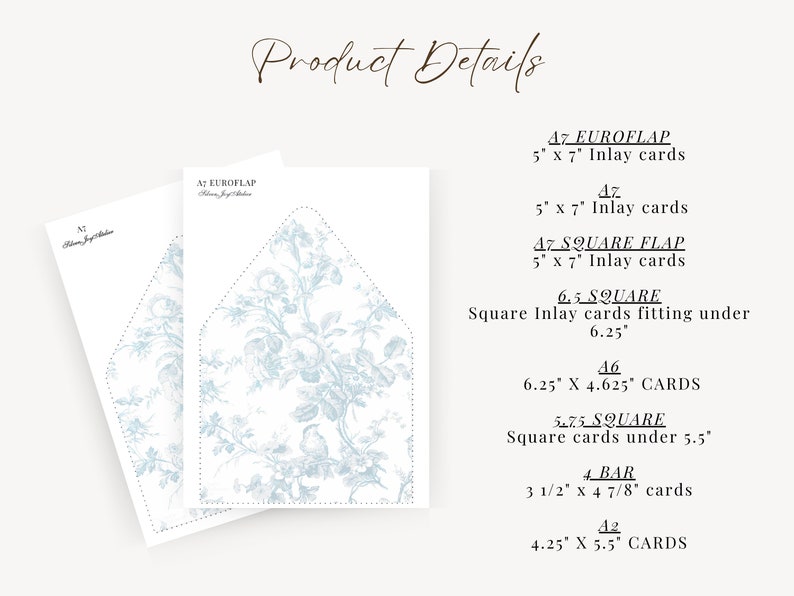 French Blue Rose Toile Printable Envelope Liner, A7, Euro Flap, Square Flap, 6.5 Square, A6, 5.75 Square, 4 Bar, A2 for 5x7 Invitation Card image 3