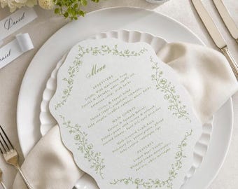 Boekdruk bruiloftsmenu, boekdrukmenu, aangepast menu, gedrukt menu, bloemenmenu, gestanst menu, reliëfmenu, dinermenu
