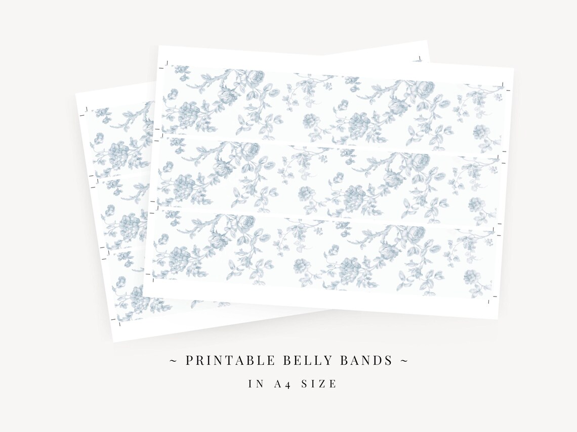 Printable Belly Bands for Wedding Invitation Card, French Blue Toile