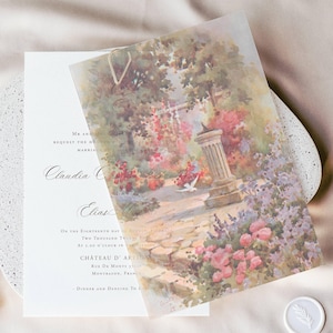 French Garden II Pergamin Overlay, Hochzeitseinladung Pergamin Wrap, Pergamin Jacke, Pergamin Overlay für Karten, Hochzeitseinladung