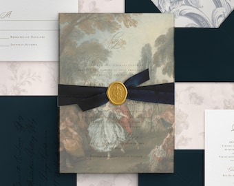 May include: A wedding invitation suite featuring a translucent vellum overlay with a landscape painting, tied with a dark navy ribbon and a gold wax seal. Includes a white RSVP card, a dark navy envelope with floral lining, and a dark navy addressed envelope.