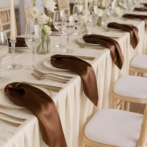 Peut inclure: Mise en place élégante avec nappe blanche, assiettes dorées et serviettes en satin marron. Verres à vin, couverts et compositions florales blanches complètent la décoration de table.