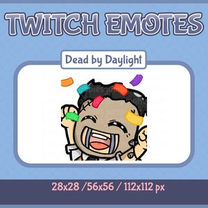 May include: A cartoon illustration of a character from the video game Dead by Daylight, with confetti falling around them. The character is smiling and has a bandage on their face. The text "Dead by Daylight" is above the character.