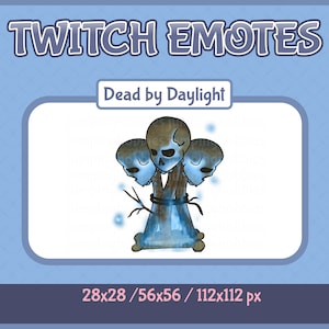 Może przedstawiać: Niebieska i biała emotka Twitch przedstawiająca trzy czaszki związane sznurem. Tekst "Dead by Daylight" znajduje się nad czaszkami.