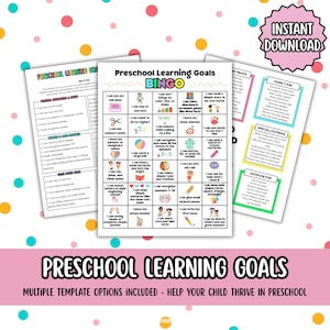 Lista de verificación y bingo imprimible de objetivos de aprendizaje preescolar / Preparación para el jardín de infantes / Seguimiento del aprendizaje temprano para niños / Objetivos para preescolares