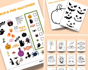 Peut inclure: Un ensemble de feuilles d'activités d'Halloween imprimables pour les enfants. Les feuilles comprennent une activité de recherche et de découverte, une activité de création de citrouille et plusieurs pages à colorier représentant des personnages d'Halloween.