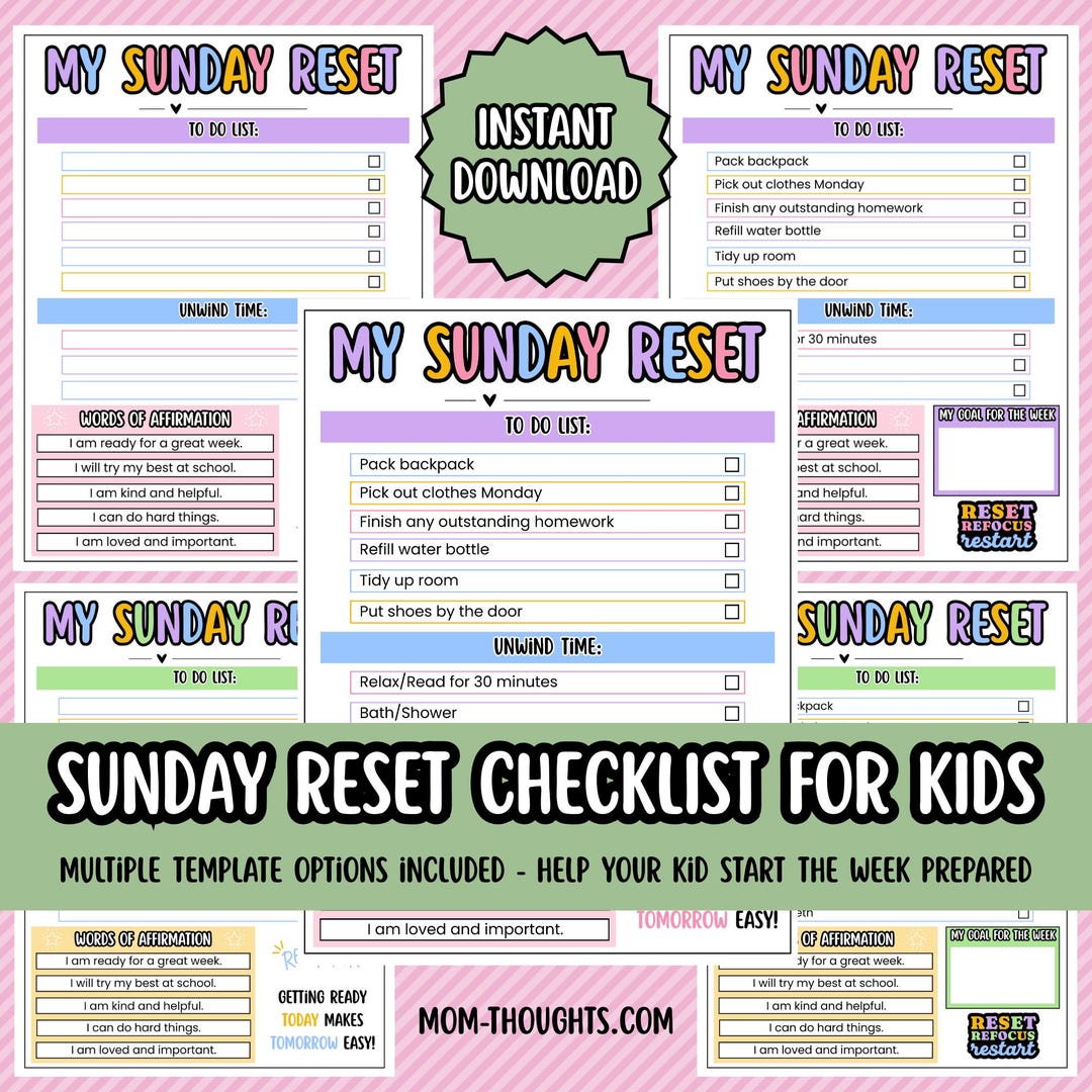 Sunday Reset Checklist for Kids | Printable PDF Routine Chart | School ...