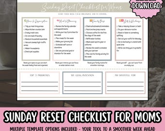 Sunday Reset Checklist for Moms Printable | Weekly Routine Planner for Moms | Home Organization, Family Prep PDF | Instant Download