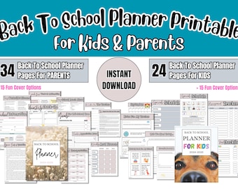 May include: Printable back to school planner for kids and parents. The planner includes 34 pages for parents and 24 pages for kids. The image shows a variety of planner pages, including a schedule, a to-do list, and a goal setting page. The planner also includes 15 fun cover options.