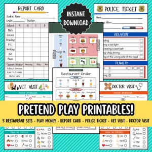 May include: A set of printable pretend play activities for kids, including a report card, police ticket, vet visit, doctor visit, and restaurant order forms. The printable sheets are colorful and feature cartoon illustrations.