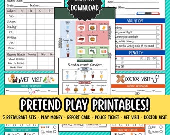 Material imprimible para juegos de simulación: Restaurante, veterinario, médico, escuela (descarga en PDF)