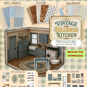 May include: A digital kit for a miniature dollhouse kitchen featuring printable wall panels, flooring, and wallpaper patterns. Includes a room layout with blue cabinets, a stove, a sink, a table, and a rug, plus various decor and furniture items.