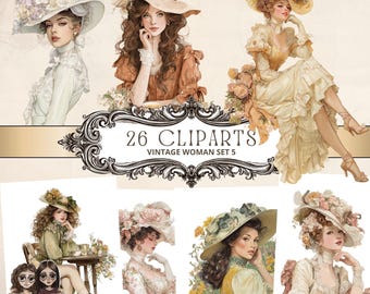 May include: A digital art set showcasing six vintage illustrations of women in elegant attire. Each woman is depicted wearing elaborate hats adorned with flowers. The text "26 Cliparts Vintage Woman Set 5" is displayed in a decorative frame.