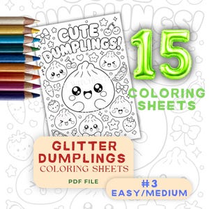 Paket med målarbilder med squishy dumplings, 15 söta kawaii-målarbilder med mat, enkel och medelstor utskrivbar aktivitet, direkt digital nedladdning