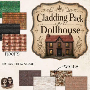 Può includere: Un pacchetto di rivestimento digitale per case delle bambole con varie texture di tegole in verde, arancione e nero, insieme a texture per pareti tra cui mattoni scuri, pietra chiara e pietra di campo. Include il testo Cladding Pack for Dollhouse.