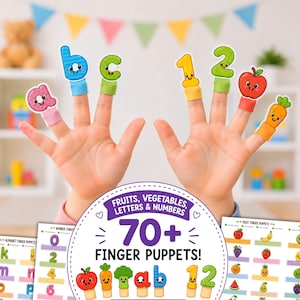 May include: A set of finger puppets featuring colorful letters, numbers, fruits, and vegetables with smiling faces. The collection includes over 70 individual pieces designed for educational play, displayed on printed sheets and worn on fingers.