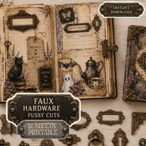 Könnte beinhalten: Eine Sammlung von druckbaren Faux-Hardware-Ausschnitten mit verzierten Rahmen, Scharnieren und Schlüssellöchern im Metall-Look. Das Set enthält 12 Bögen mit digitalem Papier und Vintage-Buchillustrationen, einem schwarzen Kater und einem Geist.