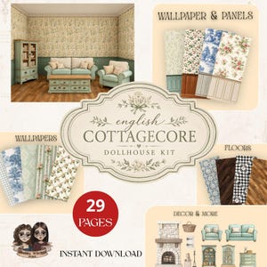 Può includere: Un kit digitale per casa delle bambole intitolato English Cottagecore contenente 29 pagine di carta da parati, pavimenti e decorazioni per mobili stampabili. Il kit include vari design floreali, texture effetto legno e mobili in miniatura.