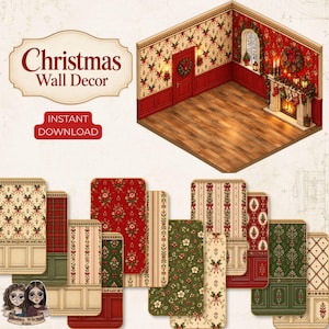 May include: A digital collection of Christmas wall decor featuring an isometric room illustration with a fireplace and various wallpaper patterns in red, green, and cream colors. The text reads Christmas Wall Decor and Instant Download.