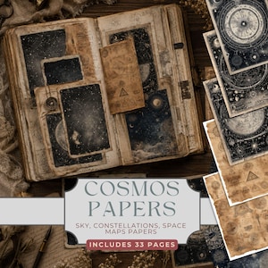 May include: A collection of 33 decorative papers featuring celestial themes, including dark blue night skies, star constellations, and vintage space maps. The papers have aged, tan-colored edges and are displayed alongside an open book.