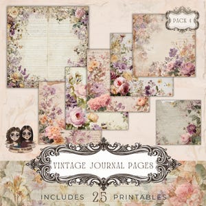 Könnte beinhalten: Eine Sammlung von Vintage-Journalseiten mit floralen Designs in Rosa, Lila und Creme. Die Seiten weisen gealterte Papiertöne und dekorative Ränder auf, mit dem Text "VINTAGE JOURNAL PAGES" und "INCLUDES 25 PRINTABLES".