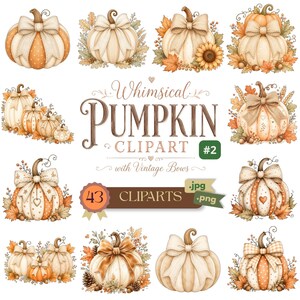 May include: A digital collection of pumpkin illustrations featuring various cream and orange pumpkins adorned with bows, autumn leaves, sunflowers, and wheat. The central text reads Whimsical PUMPKIN CLIPART #2 with Vintage Bows 43 CLIPARTS.