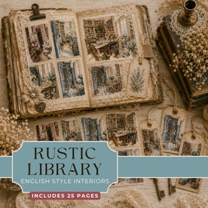 May include: An open scrapbook featuring multiple printed images of library interiors, decorated with lace trim, a fabric flower, and a metal clip. Beside it lie several rectangular paper tags with library illustrations and two metal keys.