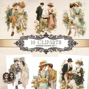 May include: A digital art set featuring vintage couples in various poses, surrounded by floral arrangements. The images showcase couples in period clothing, with hats and elegant attire. The text "10 Cliparts Vintage Couple Set 1" is displayed.