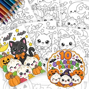 Op de afbeelding: Een verzameling van 10 Halloween-kleurplaten met zwarte katten, pompoenen, spoken, vleermuizen en manen met kawaii-gezichten. Eén pagina is gedeeltelijk ingekleurd met potloden en een ronde badge bevat de tekst 10 COLORING PAGES.