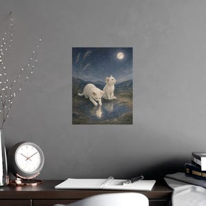 Estampe artistique Fuu et Shiro, chats au clair de lune, portrait aquarelle de frères et sœurs, cadeau pour les personnes endeuillées par la perte d'un animal de compagnie